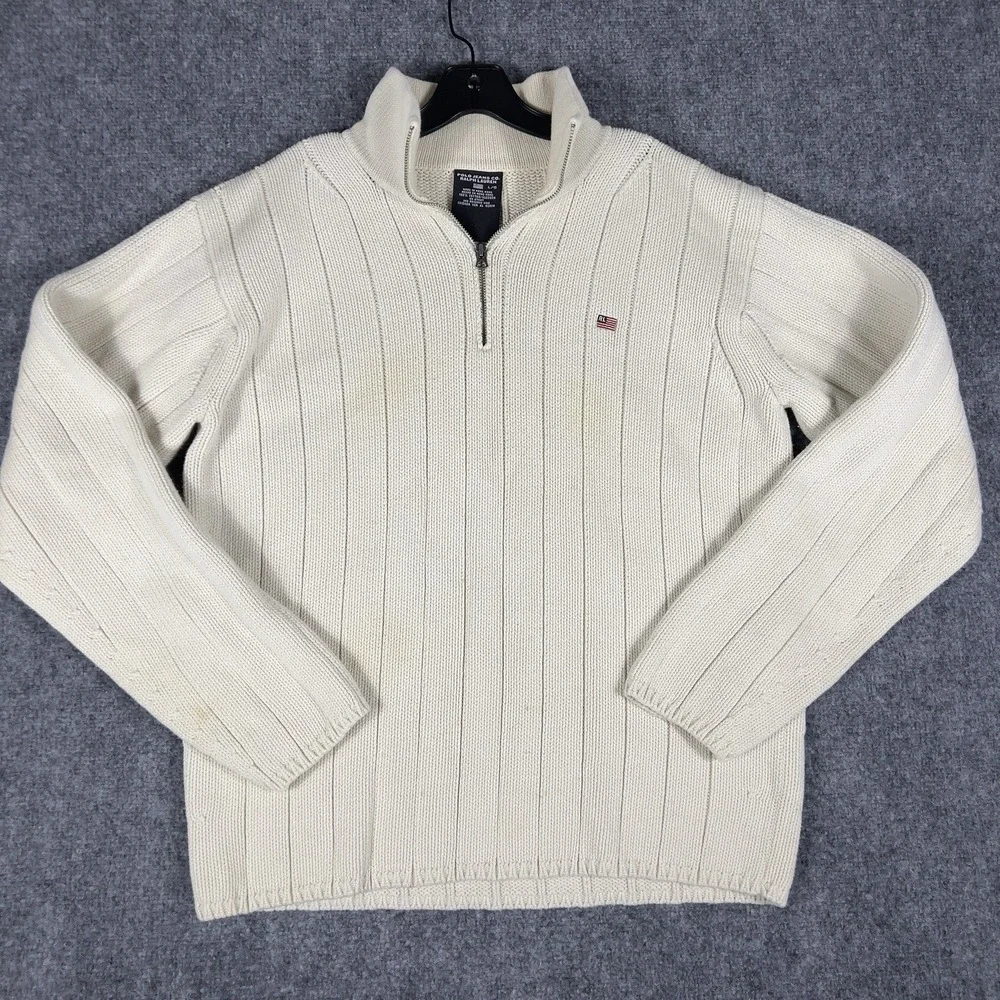 Polo Jeans Ralph Lauren Cream Ribbed Quarter Zip Sweater Cotton Knit Pullover